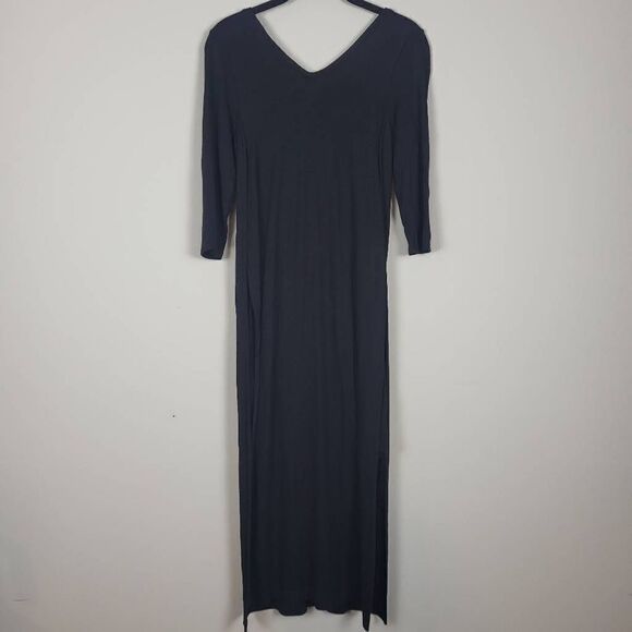 Anthropologie Three Dots Womens Small Black Dress Double V HI Low Slits Stretch - Picture 4 of 10